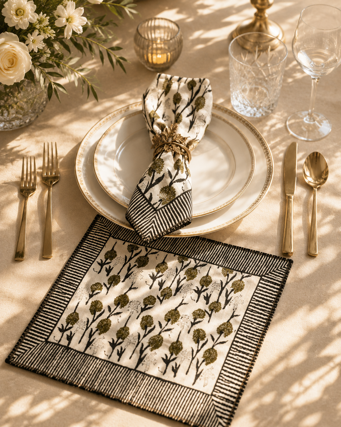 DINNER NAPKIN OLIVE GREEN & MULTI (SET OF 4)