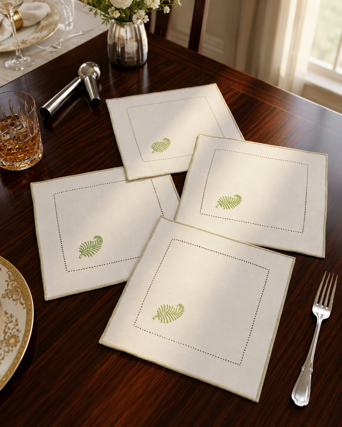 LEAF COCKTAIL NAPKIN BEIGE & green (SET OF 4)