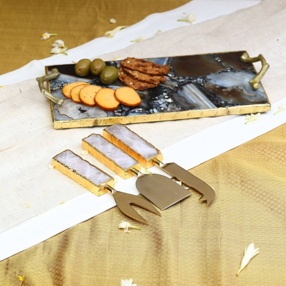 Agate Platter with set of 3 Cheese Knifes