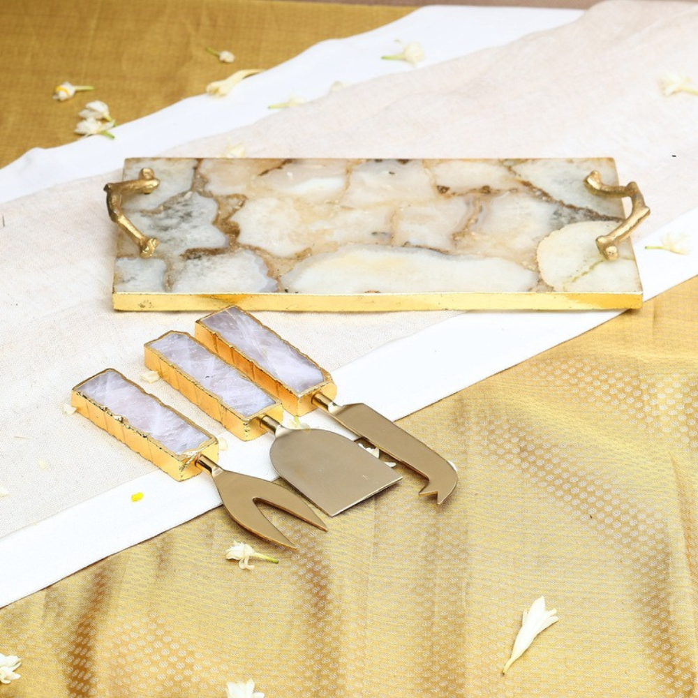 Agate Platter with set of 3 Cheese Knifes