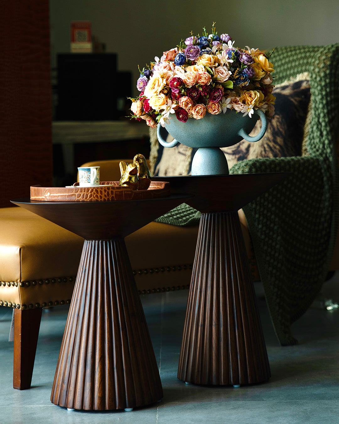 Aurea Carved Teak Pedestal Tables – Set of 2