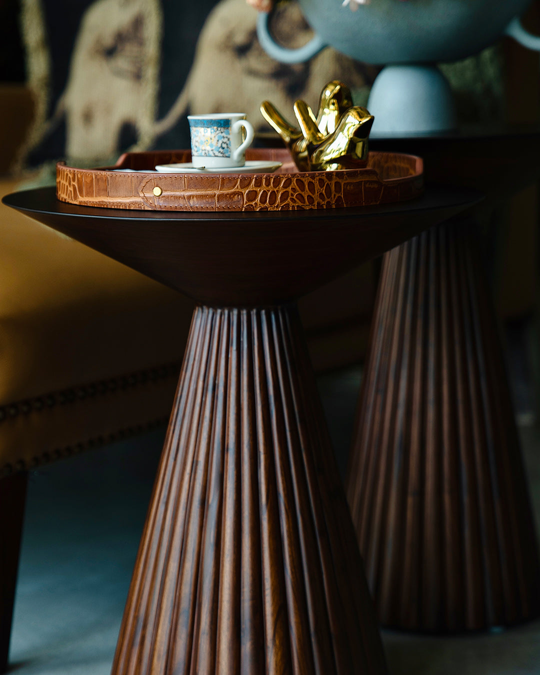 Aurea Carved Teak Pedestal Tables – Set of 2