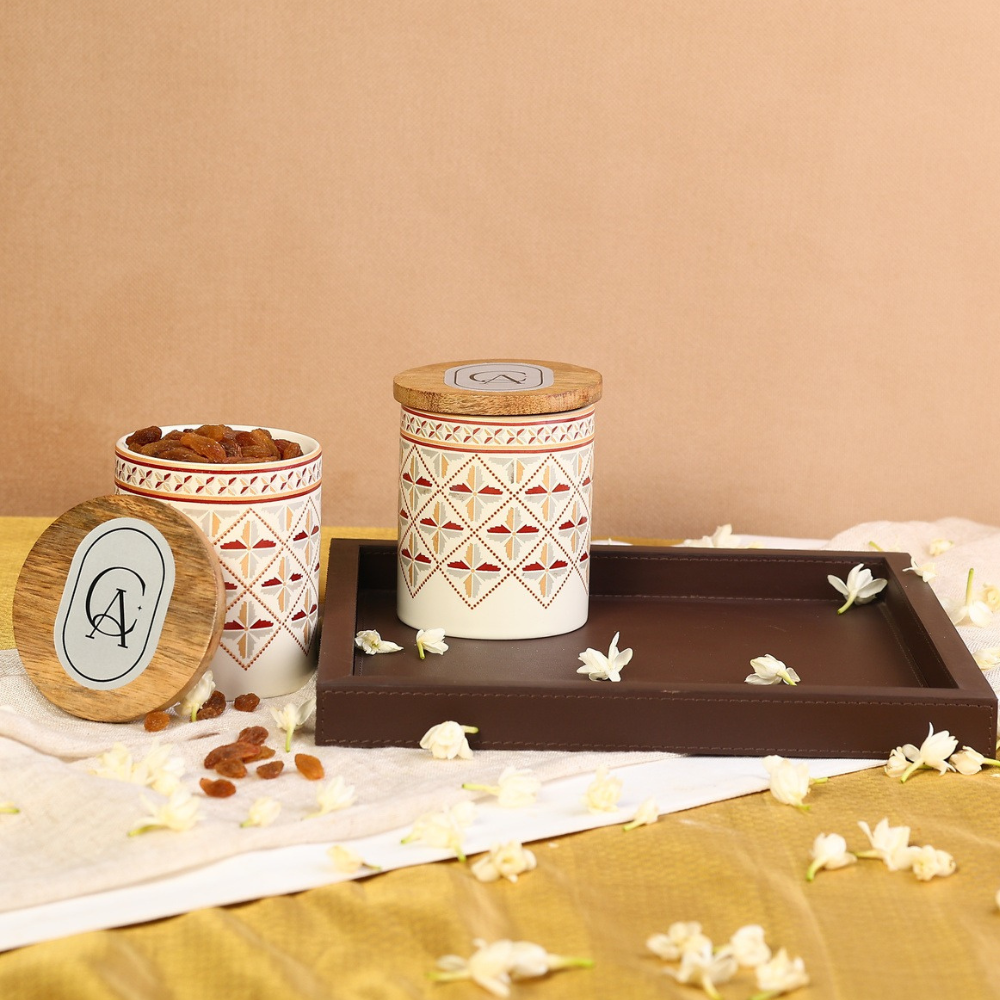 Dohri Tray Treasure (Handmade ceramic Jar with hand stitched leather tray