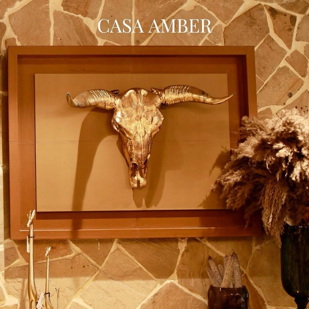Golden Bull skull with leather frame