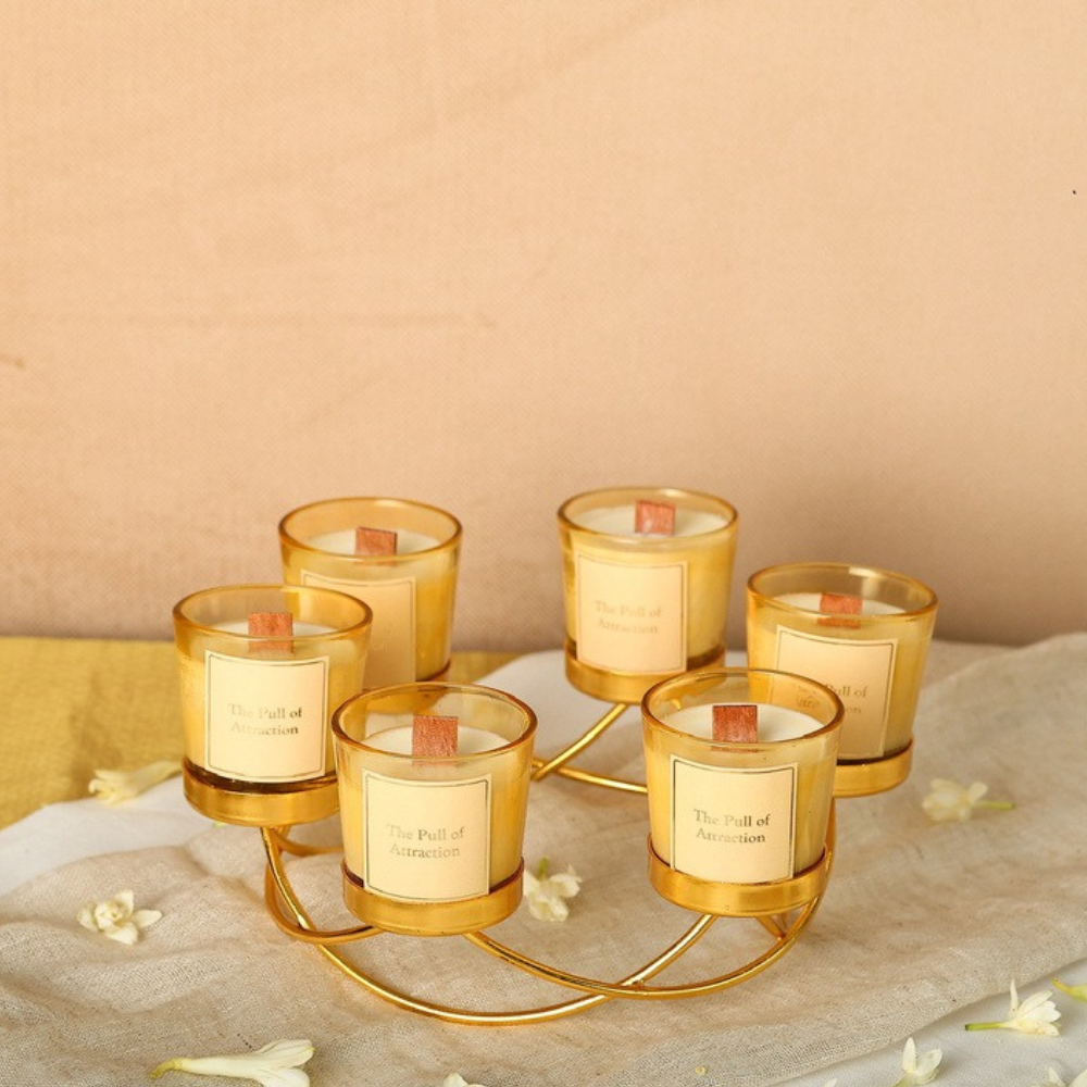 Golden Radiance Candle Set (6 Glass Jar scented Candles with Metal Stand)