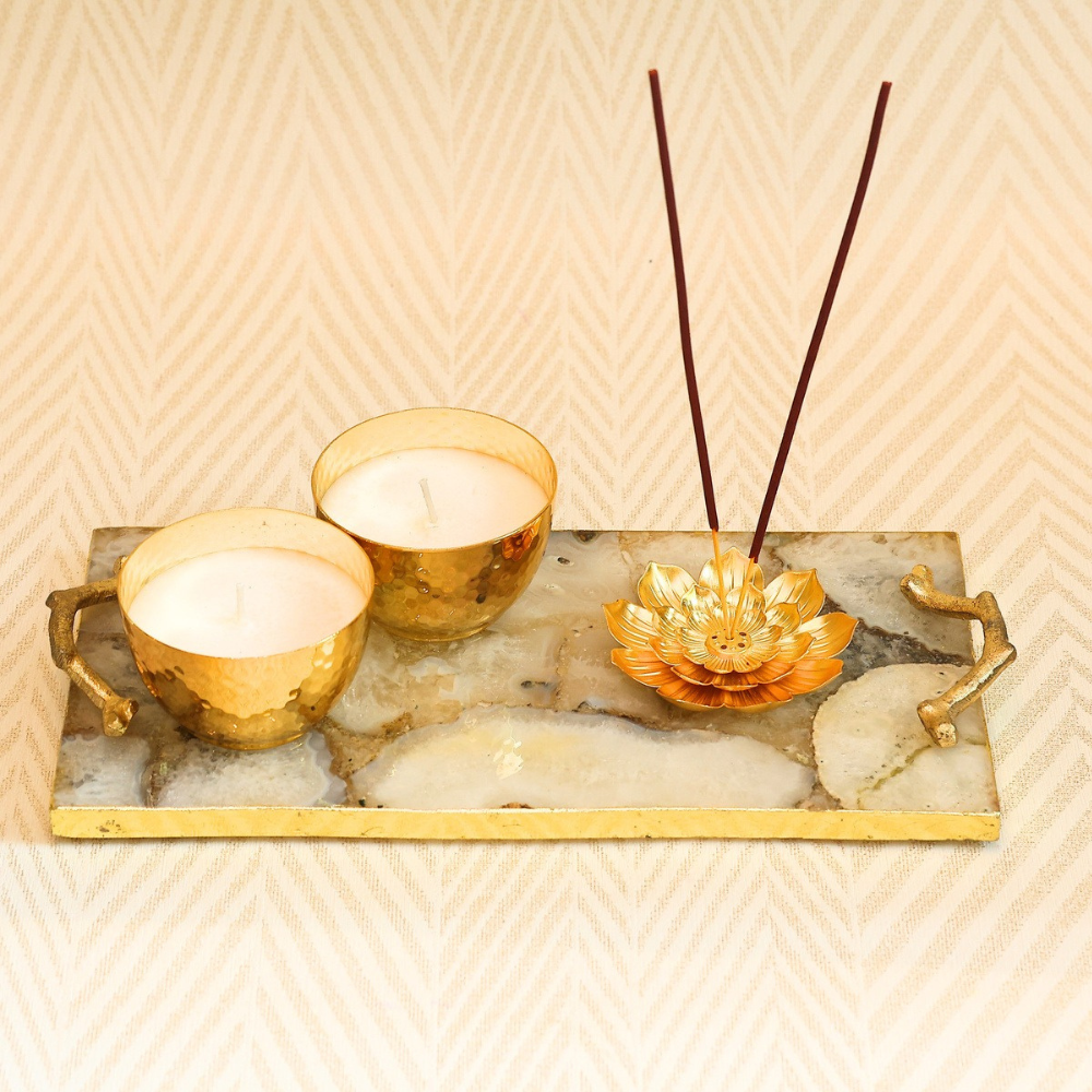 Mannat luxe hamper (Set of 2 candle, lotus incense stick holder & incense sticks)