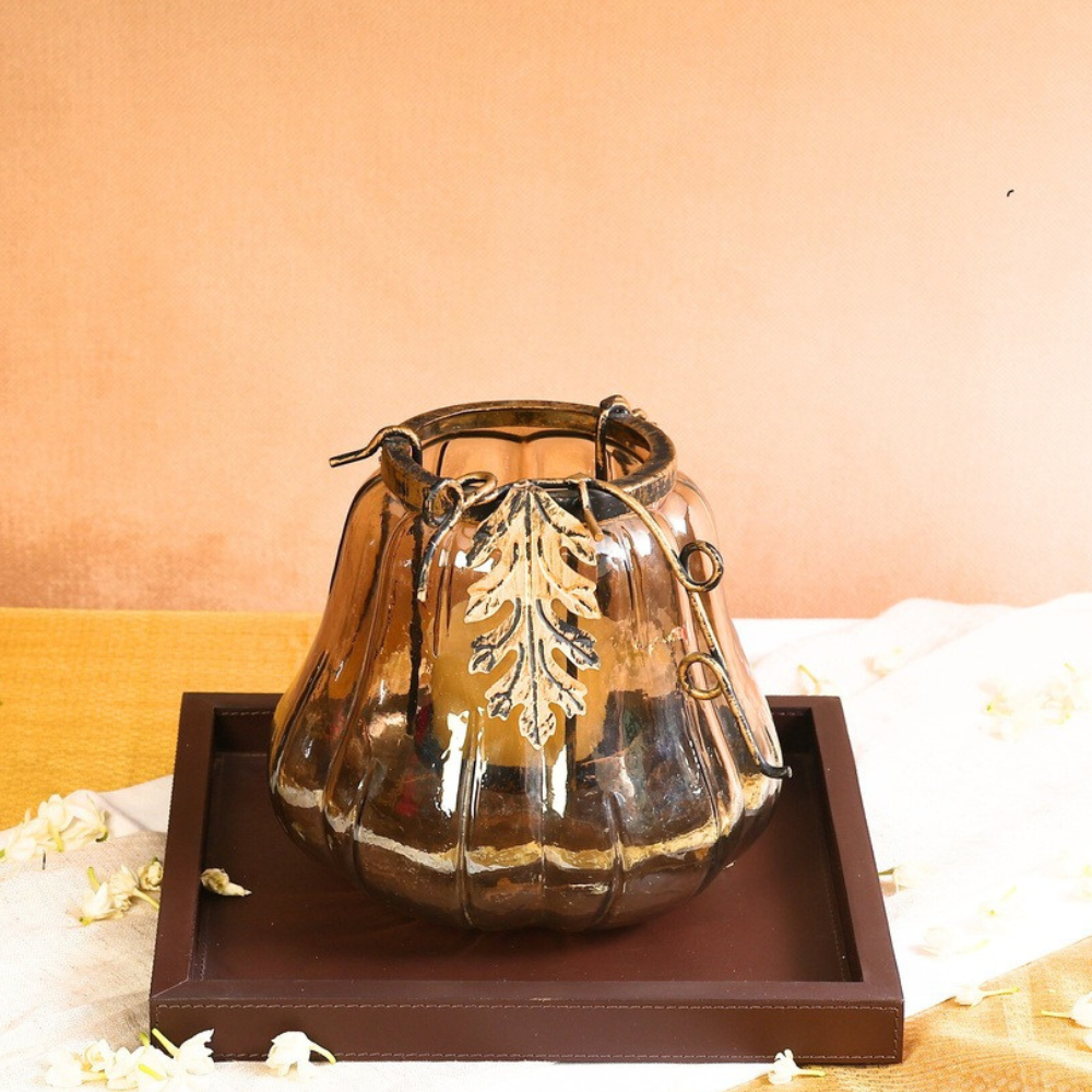 Serene Glow ( Leather hand stitched Tray with pumpkin glass Candle stand )