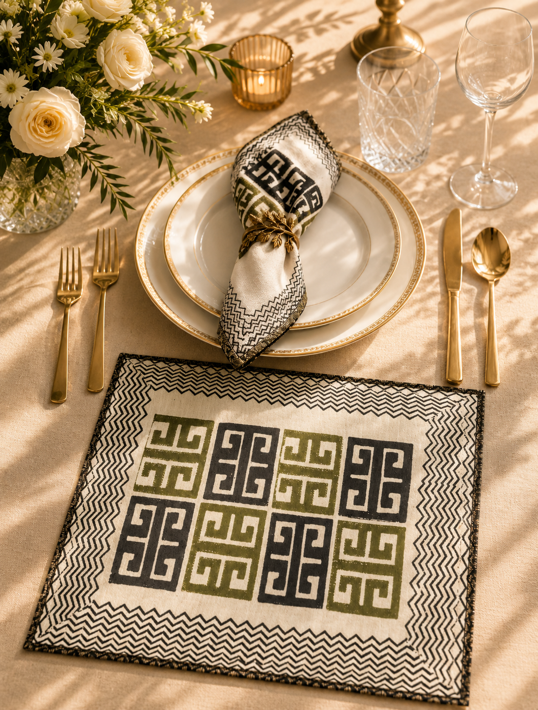 DINNER NAPKIN OLIVE GREEN & MULTI (SET OF 4)