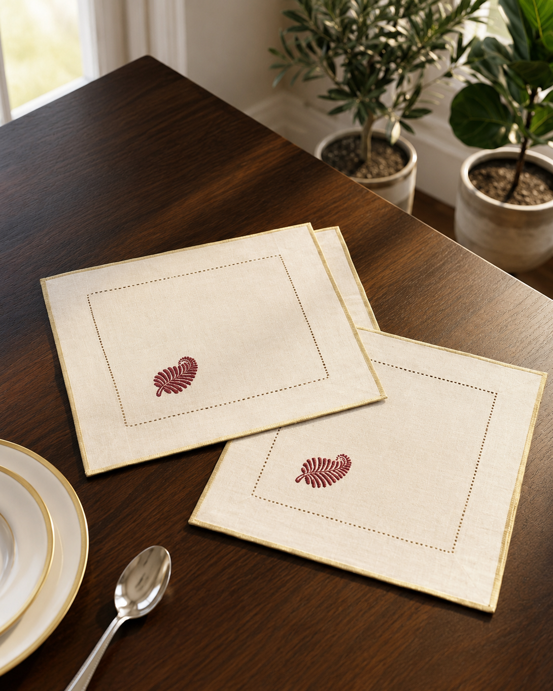 LEAF COCKTAIL NAPKIN BEIGE & PINK (SET OF 4)