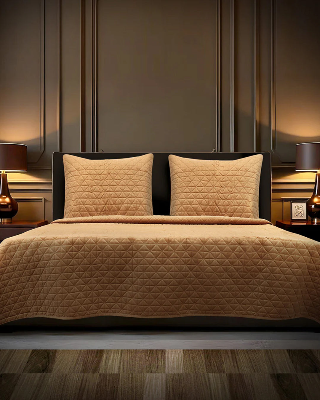 ARGYLE CHECKS OCHRE VELEVT QUILTED BEDSPREAD SET