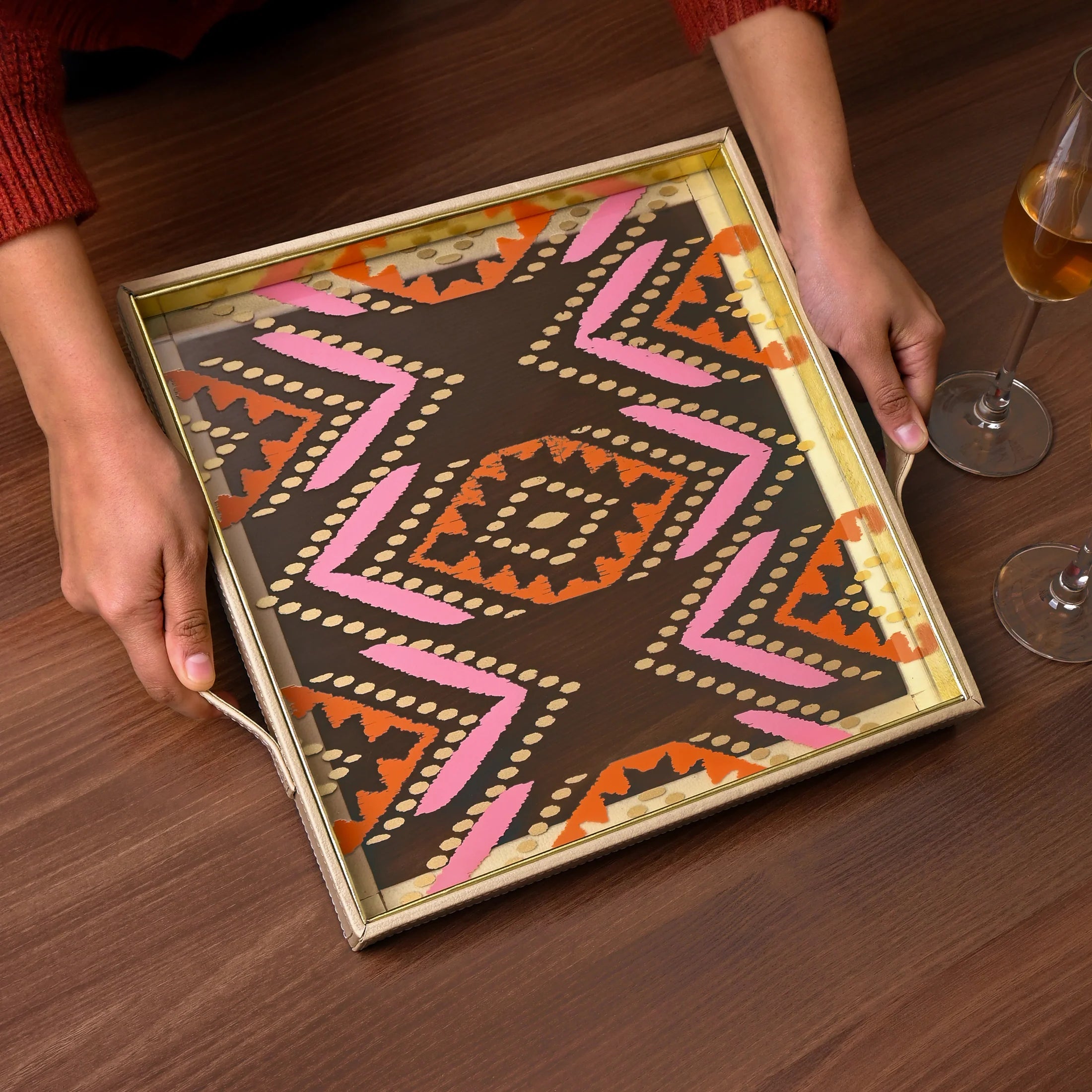 Shamiyana Print Glass Leatherette Square Tray | Ivory