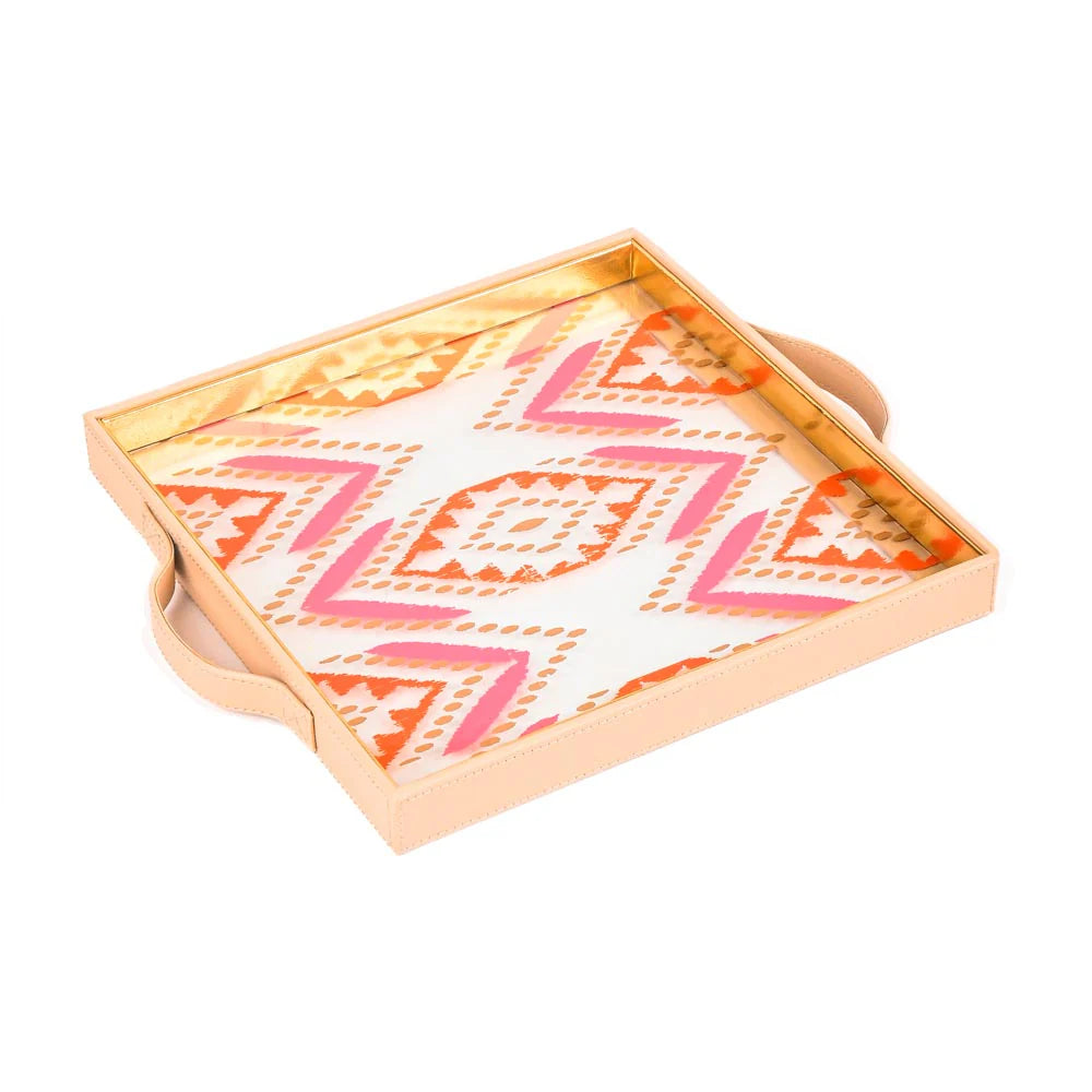 Shamiyana Print Glass Leatherette Square Tray | Ivory