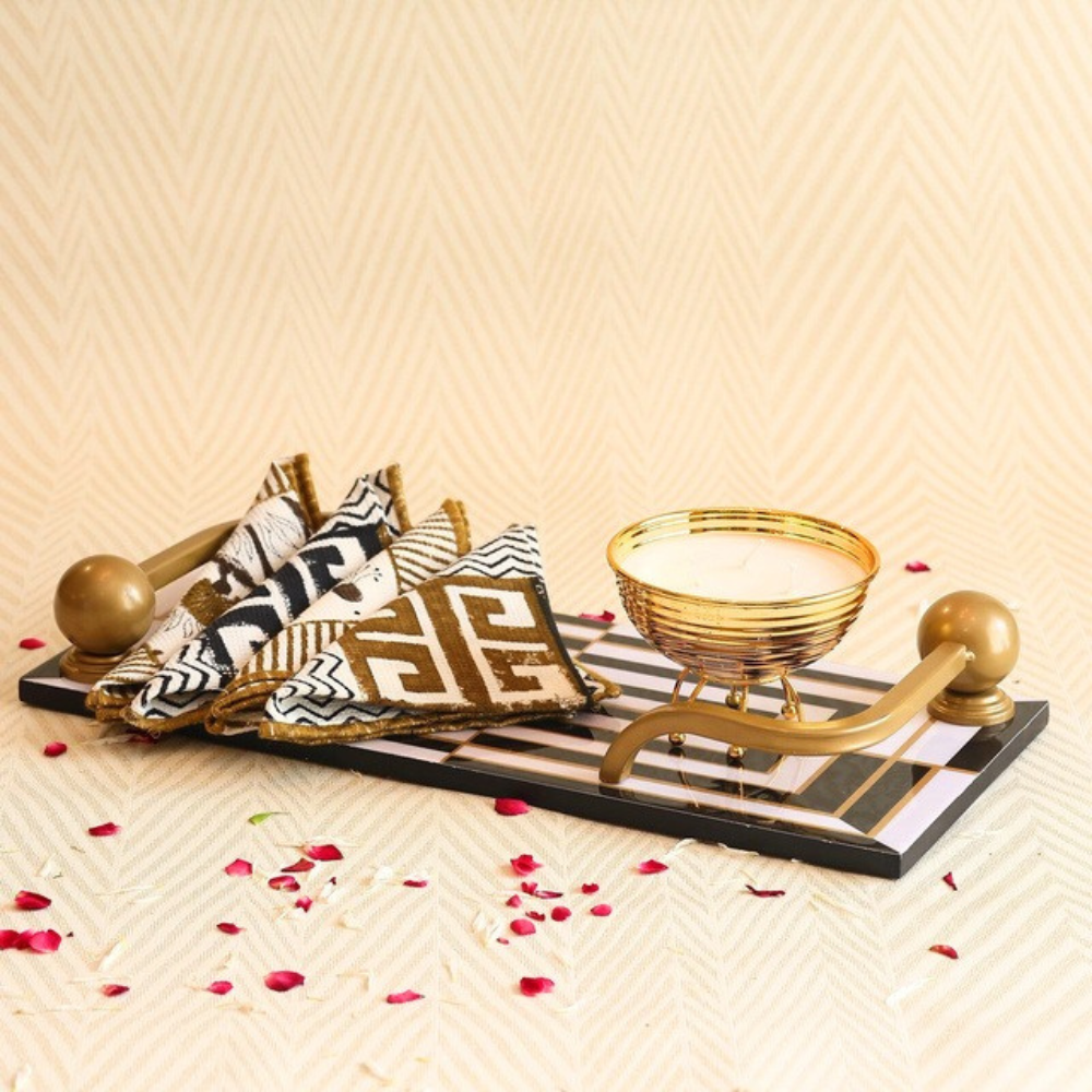 Ultima luxe Hamper ( sleek 3D printed platter with brass handles , 4 waffle hand towels , scented candle)