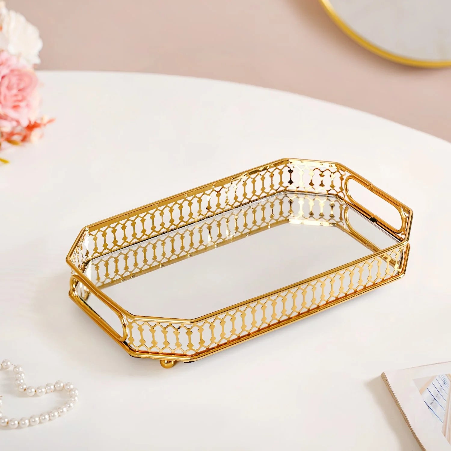 Opulent Gold Octagonal Decorative Mirror Tray