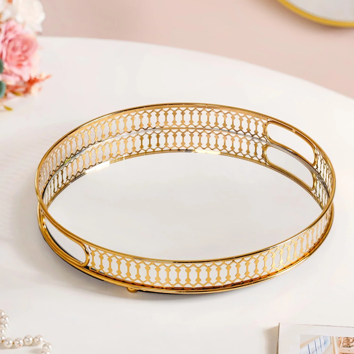 Gold Round Metal Mirror Tray